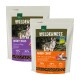 Zwei Säcke "Real Nature Wilderness" Haustierfutter: links, "ROCKY HILLS" (Rind/Ziege); rechts, "GREEN COAST" (Ente/Lachs/Garnelen), beide für Mini-Hunde.