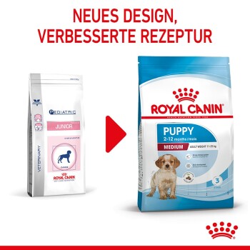 Zwei Tüten Hundefutter: links "Pediatric Junior," rechts "Royal Canin Puppy," mit Welpen-Grafik und dem Text "NEUES DESIGN, VERBESSERTE REZEPTUR."