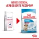 Zwei Tüten Hundefutter: links "Pediatric Junior," rechts "Royal Canin Puppy," mit Welpen-Grafik und dem Text "NEUES DESIGN, VERBESSERTE REZEPTUR."