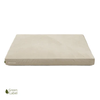 Beige Haustierbett mit einer weichen, plüschigen Oberfläche und einem stabilen Boden, mit dem Logo 'Doctor Bark' und einem 'Green Label'-Emblem.