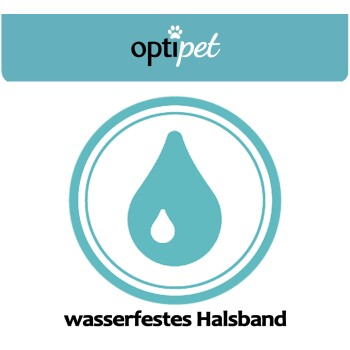 Logo von 'optipet' über einem Wassertropfen-Symbol, mit dem Text 'wasserfestes Halsband' darunter.