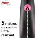 Laisse rétractable noire pour chien avec un bouton rose, dotée d'un cordon ultra-résistant de 5 mètres.