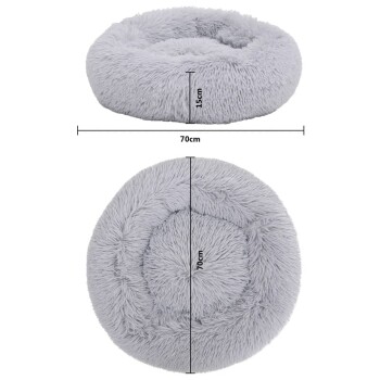 Graues rundes Haustierbett mit flauschiger Textur, mit einem Durchmesser von 70 cm und einer Höhe von 15 cm, von oben und von der Seite gezeigt.