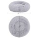 Graues rundes Haustierbett mit flauschiger Textur, mit einem Durchmesser von 70 cm und einer Höhe von 15 cm, von oben und von der Seite gezeigt.