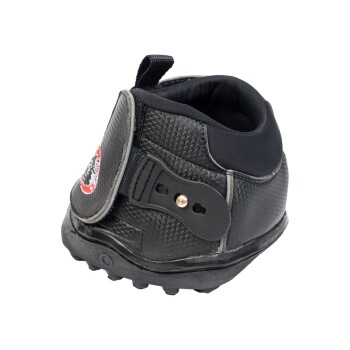 Schwarzer Haustierstiefel mit einer strukturierten Oberfläche, verstellbarem Riemen und Gummisohle, entworfen zum Schutz der Hundepfoten.