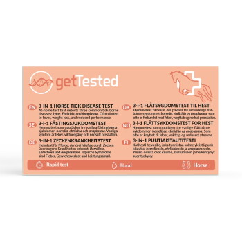 Pfirsichfarbene Beschriftung: getTested 3‑in‑1 Pferde-Zeckenkrankheiten-Test mit Pferde- und DNA-Symbolen; sichtbare Texte ‚Schnelltest‘ und ‚Blut‘