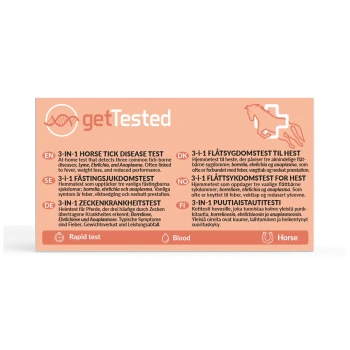 Pfirsichfarbene Beschriftung: getTested 3‑in‑1 Pferde-Zeckenkrankheiten-Test mit Pferde- und DNA-Symbolen; sichtbare Texte ‚Schnelltest‘ und ‚Blut‘