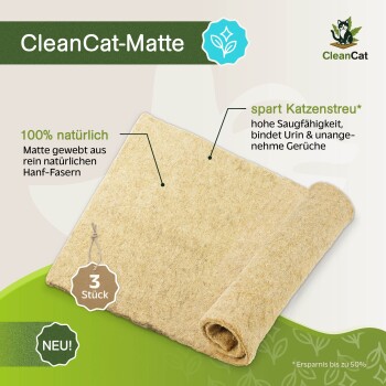 CleanCat-Matte aus natürlichen Hanffasern für Katzen, absorbiert Urin und Gerüche, 3 Stück, umweltfreundlich, hohe Saugfähigkeit, deutscher Text.