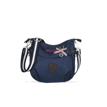 Navy Haustiertragetasche mit einem pinken "WILD HAZE"-Logo, einer dekorativen Schleife und einem Schultergurt mit weißen Streifen.