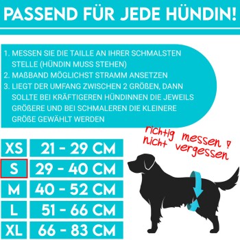 Größentabelle für Hundebekleidung mit Fokus auf Taillenmaßen: XS (21-29 cm), S (29-40 cm), M (40-52 cm), L (51-66 cm), XL (66-83 cm).