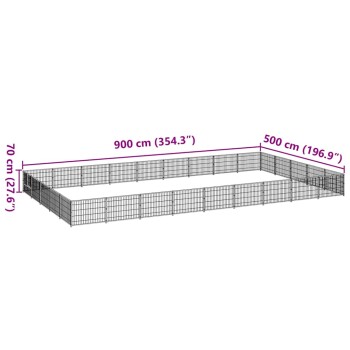 Diagramm eines Haustiergeheges, das 900 cm x 500 cm x 70 cm misst, mit beschrifteten Abmessungen in Zentimetern und Zoll.