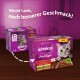 Whiskas kattenvoer verpakking met twee dozen: "1+ Jahre Ragout" en "Pure Delight," met een afbeelding van een kat en een fris ontwerp.