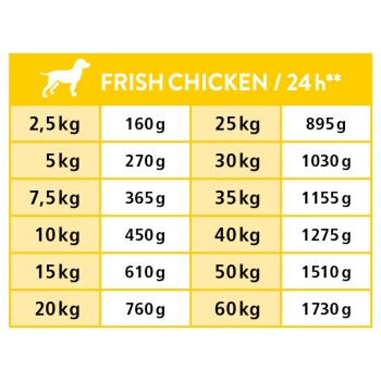 Gelbe Fütterungstabelle mit Titel 'FRISH CHICKEN / 24h**' mit Hunde-Icon und Zeilen zu Körpergewichten und täglichen Grammangaben (z. B. 2,5 kg → 160 g).