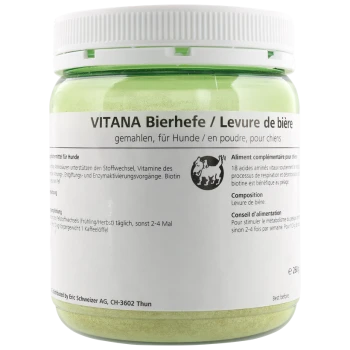 Grünes Glas VITANA Bierhefe-Pulver für Hunde, mit Nährwertinformationen, Anwendungshinweisen und einem Hundesymbol.