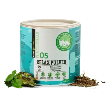FAVLY PETFOOD Relax Pulver 05 Beruhigungspulver für Haustiere mit Melisse, Passionsblume, L-Tryptophan, natürlichen Inhaltsstoffen, hergestellt in Deutschland.
