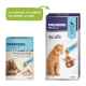Zwei PREMIERE My Jelly Katzenfutterpackungen mit orangefarbigem Streifenkatzenmotiv, Thunfisch- und Tomatenpäckchen; grünes Etikett: 'New DESIGN, new SIZE'.