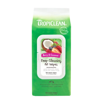 TropiClean Berry & Coconut Deep Cleaning Pet Wipes package, 100 moist wipes, deodorizing, residue-free.