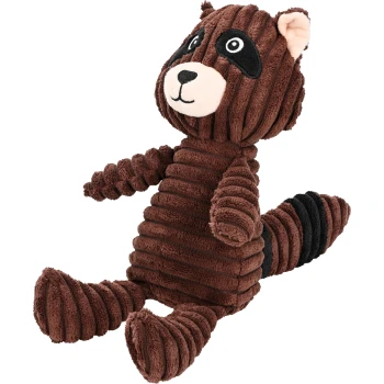 Spielzeug Plüsch Waschbär M-L Braunes Plüschwaschbärspielzeug mit gestreiftem Körper, runden Augen und einem lächelnden Gesicht, das aufrecht mit einem flauschigen Schwanz sitzt.