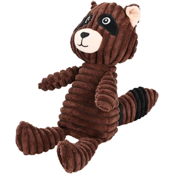 Braunes Plüschwaschbärspielzeug mit gestreiftem Körper, runden Augen und einem lächelnden Gesicht, das aufrecht mit einem flauschigen Schwanz sitzt.