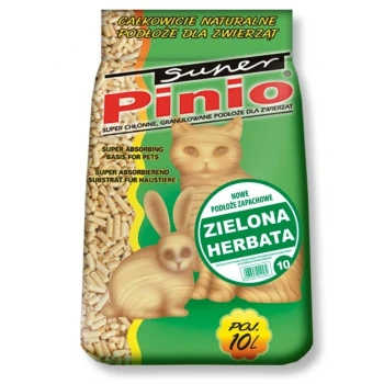 Super Pinio Green Tea 10 l Sack mit natürlicher Tierbettung, gekennzeichnet mit "Suner Pinio," mit einer Grafik eines Kaninchens und dem Text: "super absorbierende Basis für Haustiere" und "ZIELONA HERBATA."