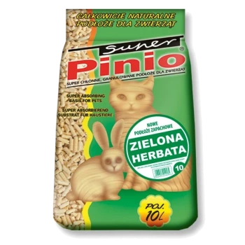 Sack mit natürlicher Tierbettung, gekennzeichnet mit "Suner Pinio," mit einer Grafik eines Kaninchens und dem Text: "super absorbierende Basis für Haustiere" und "ZIELONA HERBATA."