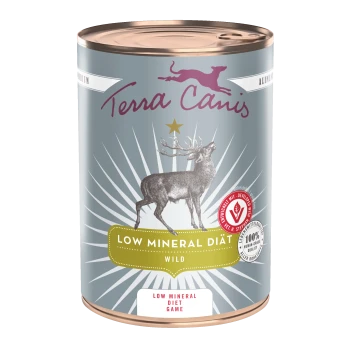 Dose Terra Canis Hundefutter mit Hirschgrafik, goldenes Etikett 'LOW MINERAL DIÄT', zusätzlich 'WILD' und 'LOW MINERAL DIET GAME'