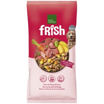 Frish Real Nature Senior-Hundefutterbeutel, Rind mit Kartoffel & Karotte, grünes Abzeichen 'NEW – NEU', Hundeabbild.