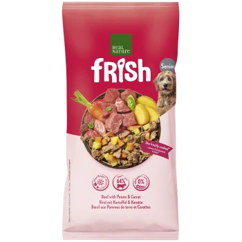Frish Real Nature Senior-Hundefutterbeutel, Rind mit Kartoffel & Karotte, grünes Abzeichen 'NEW – NEU', Hundeabbild.