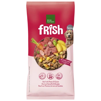 Frish Real Nature Senior-Hundefutterbeutel, Rind mit Kartoffel & Karotte, grünes Abzeichen 'NEW – NEU', Hundeabbild.