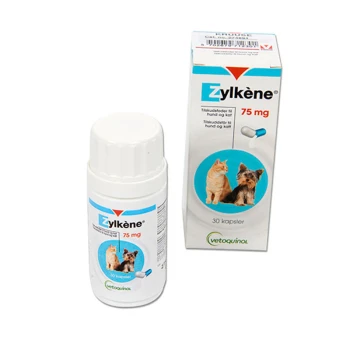 Zylkène 75 mg Haustierergänzung für Hunde und Katzen, mit einer weißen Flasche mit blauer Etikett und einer Schachtel, die eine Katze und einen Hund zeigt.