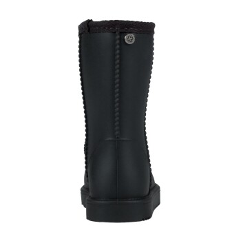 Schwarze wasserdichte Haustierstiefel mit einer strukturierten Oberseite und einer robusten Sohle, mit einer dekorativen Naht und einem kleinen Logo-Button.