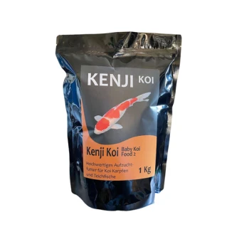 Kenji Koi Baby Koi Futter 2, 1 kg Beutel, mit einer bunten Koi-Fisch-Illustration und Text auf Deutsch über hochwertiges Futter für Koi-Karpfen und Teichfische.