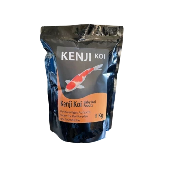 Kenji Koi Baby Koi Futter 2, 1 kg Beutel, mit einer bunten Koi-Fisch-Illustration und Text auf Deutsch über hochwertiges Futter für Koi-Karpfen und Teichfische.