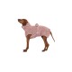 Ein brauner Hund, der einen weichen, rosa, flauschigen Haustiermantel trägt, steht aufrecht und schaut zur Seite. Der Mantel hat einen hohen Kragen und einen Bindegürtel.