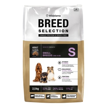 Wildsteme ‚BREED SELECTION‘ Hundefutterbeutel für Small Breeds (S), Single Protein & getreidefrei, 2,5 kg, drei Hunde abgebildet.