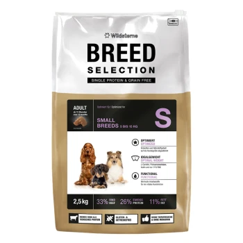 Wildsteme ‚BREED SELECTION‘ Hundefutterbeutel für Small Breeds (S), Single Protein & getreidefrei, 2,5 kg, drei Hunde abgebildet.