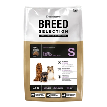 Wildsteme ‚BREED SELECTION‘ Hundefutterbeutel für Small Breeds (S), Single Protein & getreidefrei, 2,5 kg, drei Hunde abgebildet.