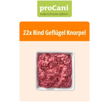 Verpackte rohe Rind- und Geflügelgrätenmischung für Hunde, beschriftet mit 'proCani buy nature', mit Nährwertinformationen und einer Menge von 22x.