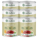 Dosen von Aniforte PureNature Wildforest Hundefutter mit frischem Wildfleisch, umgeben von rohen Zutaten wie Fleisch, Süßkartoffeln und Gemüse.