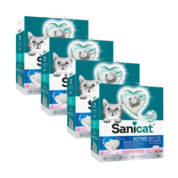 Cztery pudełka żwirku dla kotów Sanicat Active White, z ilustracją bawiącego się kota, kontrolą zapachu tlenowego i zapachem kwiatu lotosu, po 10L każde.
