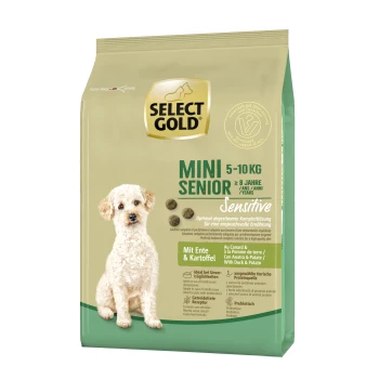 Sensitive Mini Senior Ente & Kartoffel 1 kg Goldene Mini Senior Hundefuttertüte (5-10 kg) für Hunde über 8 Jahre, mit einem weißen Hund und "Sensitive" Ente und Kartoffel Rezeptur.