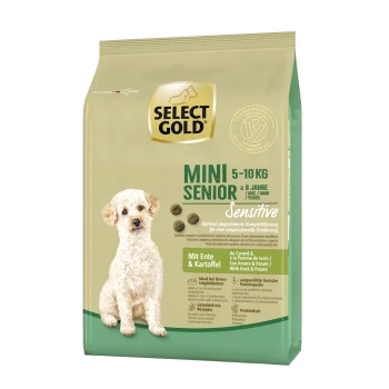 Gold Mini Senior dog food bag (5-10 kg) for dogs over 8 years, featuring a white dog and "Sensitive" duck and potato formula.
