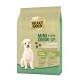 Goldene Mini Senior Hundefuttertüte (5-10 kg) für Hunde über 8 Jahre, mit einem weißen Hund und "Sensitive" Ente und Kartoffel Rezeptur.