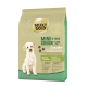 Sac de nourriture pour chiens Gold Mini Senior (5-10 kg) pour les chiens de plus de 8 ans, présentant un chien blanc et une formule de canard et de pomme de terre "Sensible."