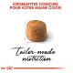 Croquettes pour chats Maine Coon, avec un seul morceau de croquette et le texte "nutrition sur mesure" en écriture élégante.