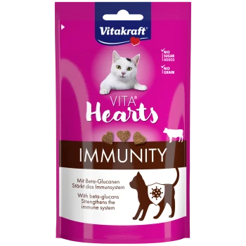 Vitakraft Vita Hearts Immunity Katzensnacks mit Beta-Glucanen, ohne Zuckerzusatz, ohne Getreide, stärkt das Immunsystem, herzförmige Leckerlis.
