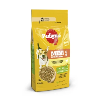 Trocken mit Geflügel & Gemüse, ADULT Mini 2kg Pedigree Mini Adult Hundefuttertasche, 2 kg, mit einer Schale Trockenfutter, mit Text, der natürliche Zutaten und Präbiotika hervorhebt.