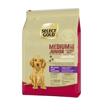 Sensitive Medium Junior Lamm/Lachs/Kartoffel 4 kg Select Gold Medium Junior Hundefutterbeutel, 11-25 kg, für Hunde bis zu 12 Monaten. Sensible Formel mit Lamm, Lachs und Kartoffel.