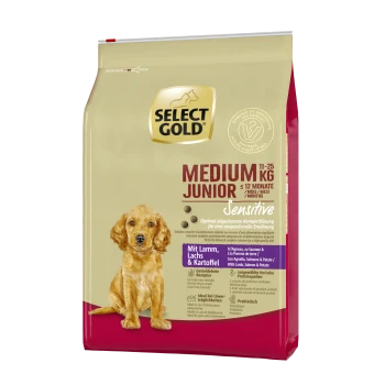 Sac de nourriture pour chiens Select Gold Medium Junior, 11-25 kg, pour les chiens jusqu'à 12 mois. Formule sensible avec de l'agneau, du saumon et des pommes de terre.