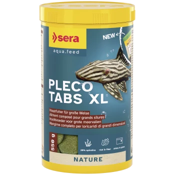 Container Sera Pleco Tabs XL visvoer met afbeelding van gestreepte pleco vis, 550g, vezelrijk, 20% spirulina, hecht aan glas.